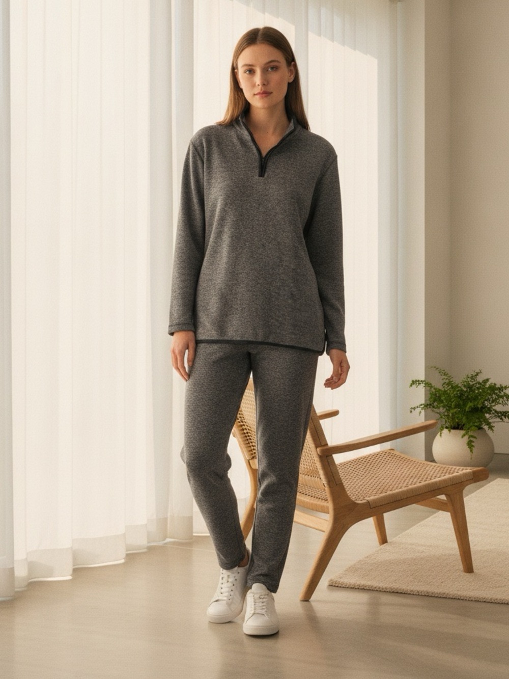 Chaus Sport Womens Marled Grey Quarter Zip‎ Pullover and Matching Pants Set